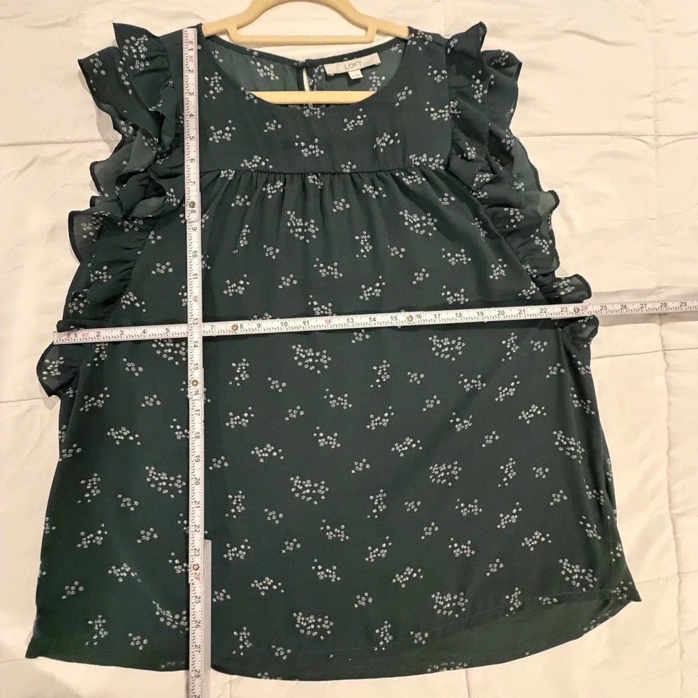 LOFT Flutter Sleeve Top Women XXL Green Floral Ruffle Blouse - Picture 10 of 14